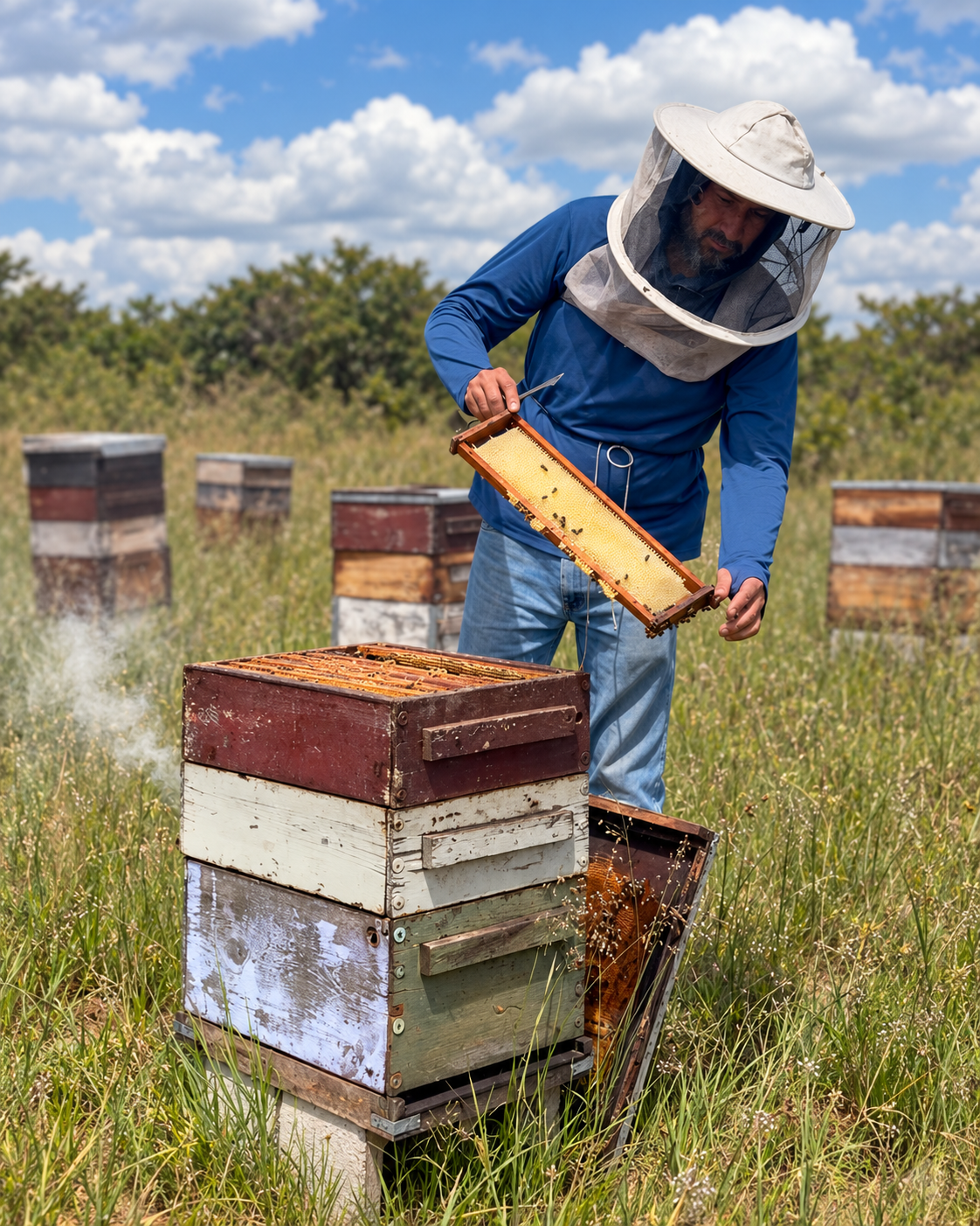Beekeeper working with a honeycomb at the apiary